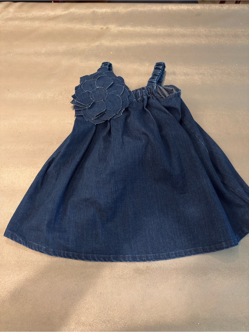 Hello Mello Girls Dark Blue Denim Flower-Detail Sundress. Size 4
